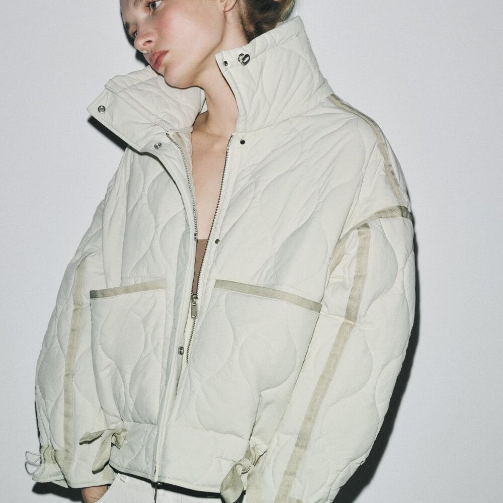 NEW Zara ZW COLLECTION WATER-REPELLENT PUFFER JACKET - Ecru White - Small